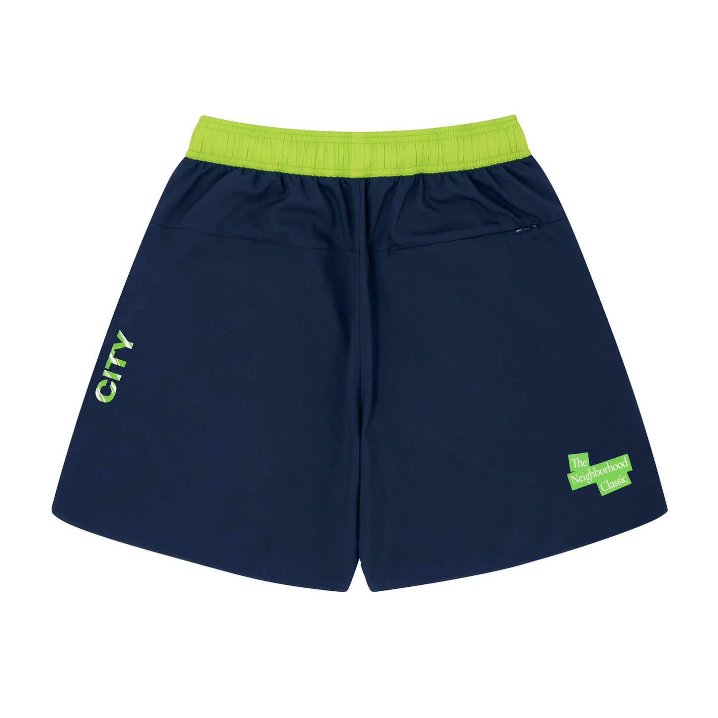 The Neighborhood Classic Zip Shorts (navy/lime green)